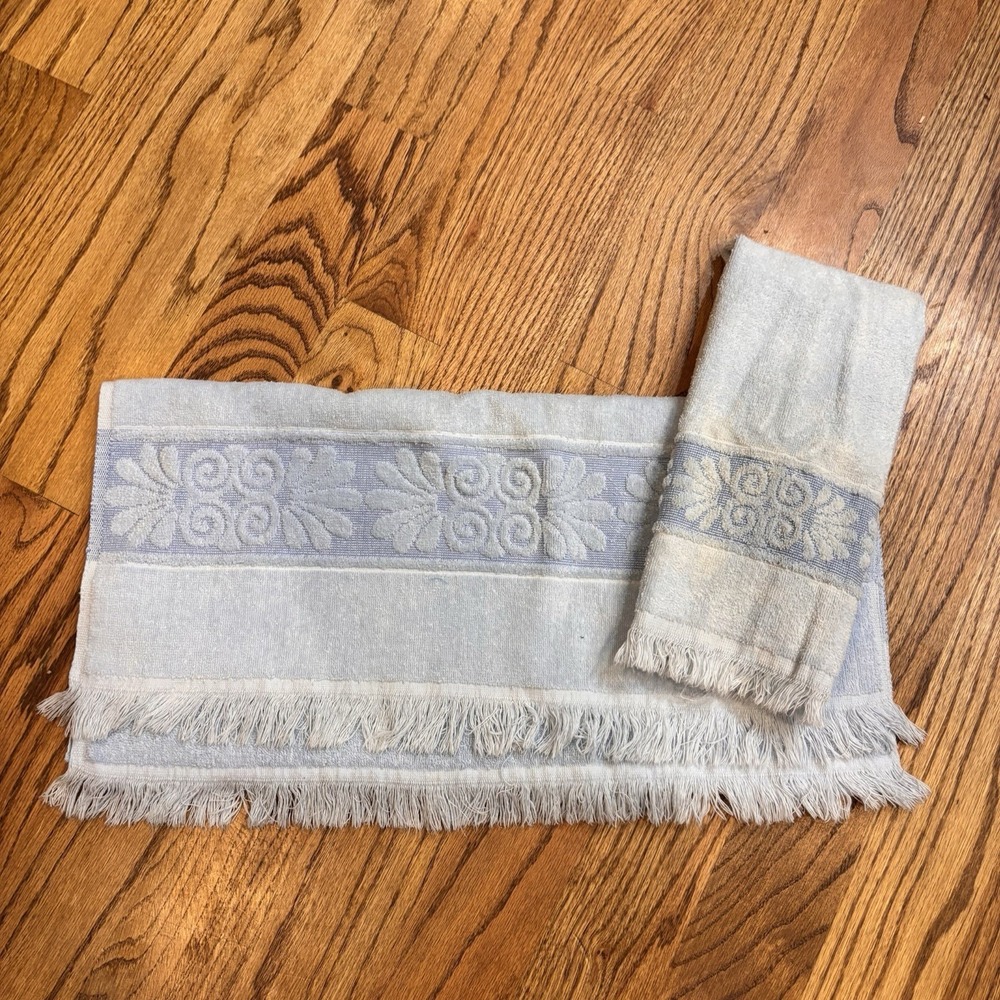 Vintage Cannon Monticello Blue Fringe Bath Towel & Hand Towel Set USA Cotton